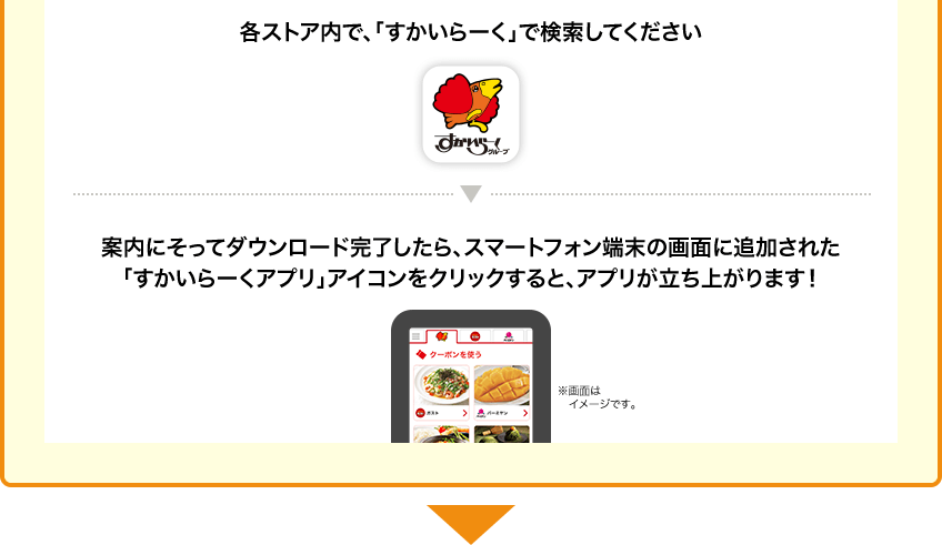 各ストア内で、「すかいらーく」で検索してください。案内にそってダウンロード完了したら、スマートフォン端末の画面に追加された「すかいらーくアプリ」アイコンをクリックすると、アプリが立ち上がります！